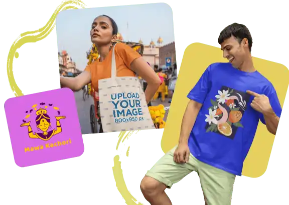 A set of three Indian-themed templates available on Placeit, featuring vibrant colors and festive designs for Holi. Includes a customizable tote bag mockup, a bright floral t-shirt mockup, and a playful food business logo.